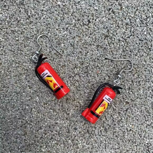 Quirky, Unique, Fun Mini Red Fire Extinguisher Novelty Earrings - Picture 4 of 5